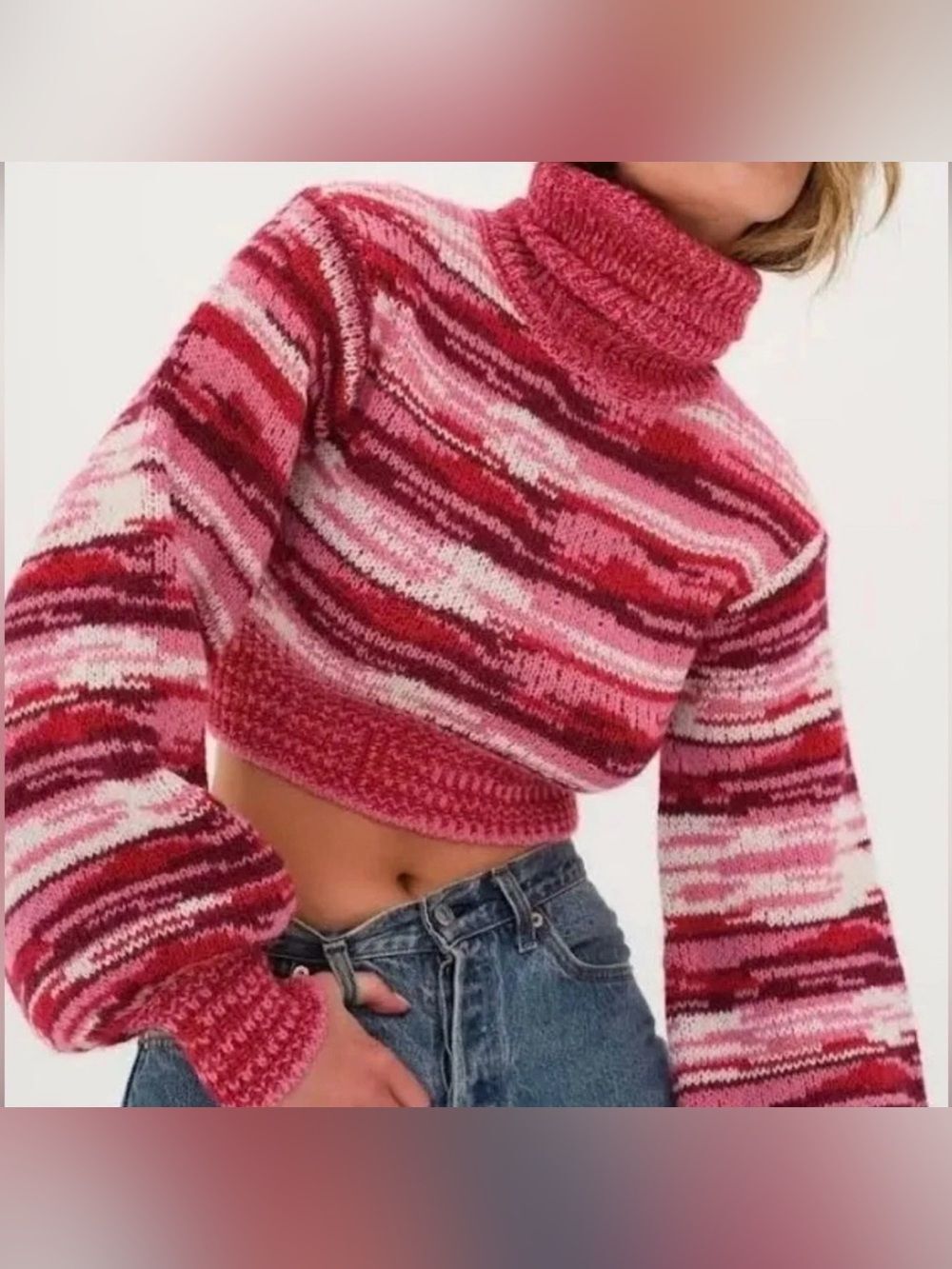 For Love And Lemons Wilma Cropped Turtleneck Sweater Red Multi Space Dye Sz S